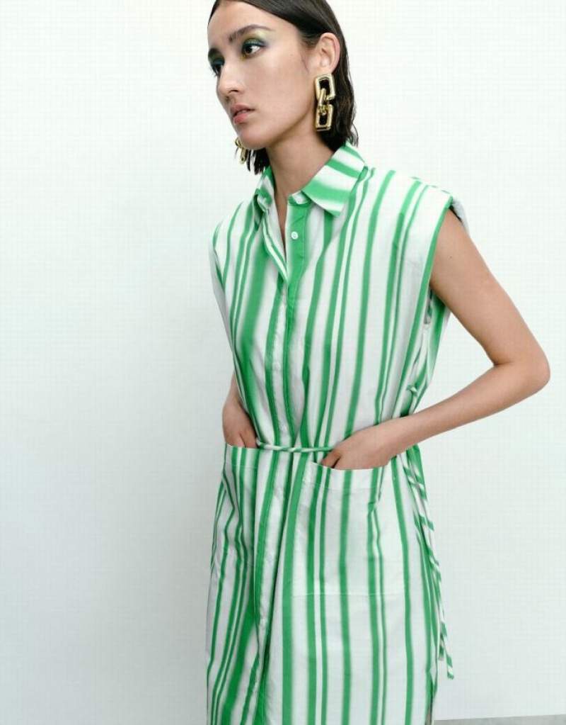 Green Urban Revivo Striped Sleeveless Women's Shirt Dress | 71530TQVD