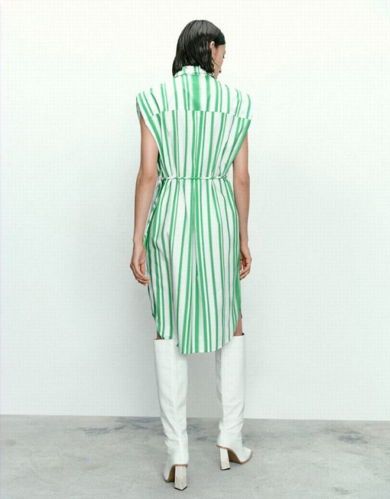 Green Urban Revivo Striped Sleeveless Women's Shirt Dress | 71530TQVD