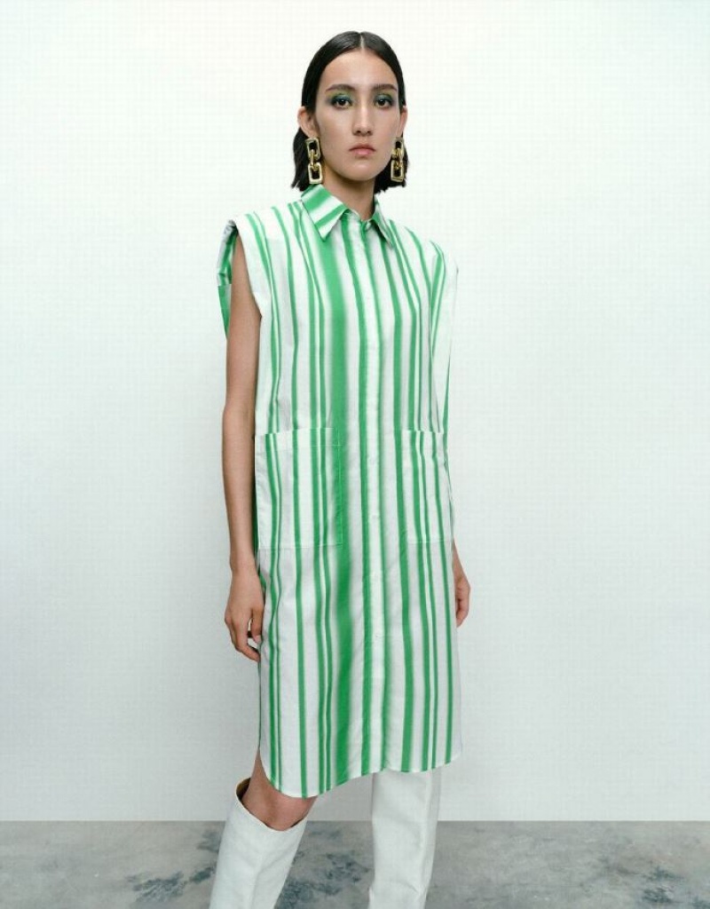 Green Urban Revivo Striped Sleeveless Women\'s Shirt Dress | 71530TQVD