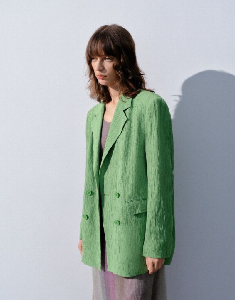 Green Urban Revivo Textured Notch Lapel Women's Blazers | 76295QFWE