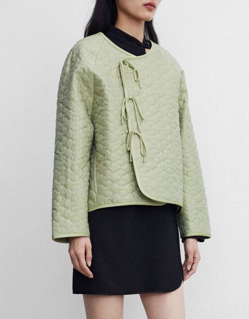 Green Urban Revivo Tie Front Textured Winter Women's Coats | 08241OMUH