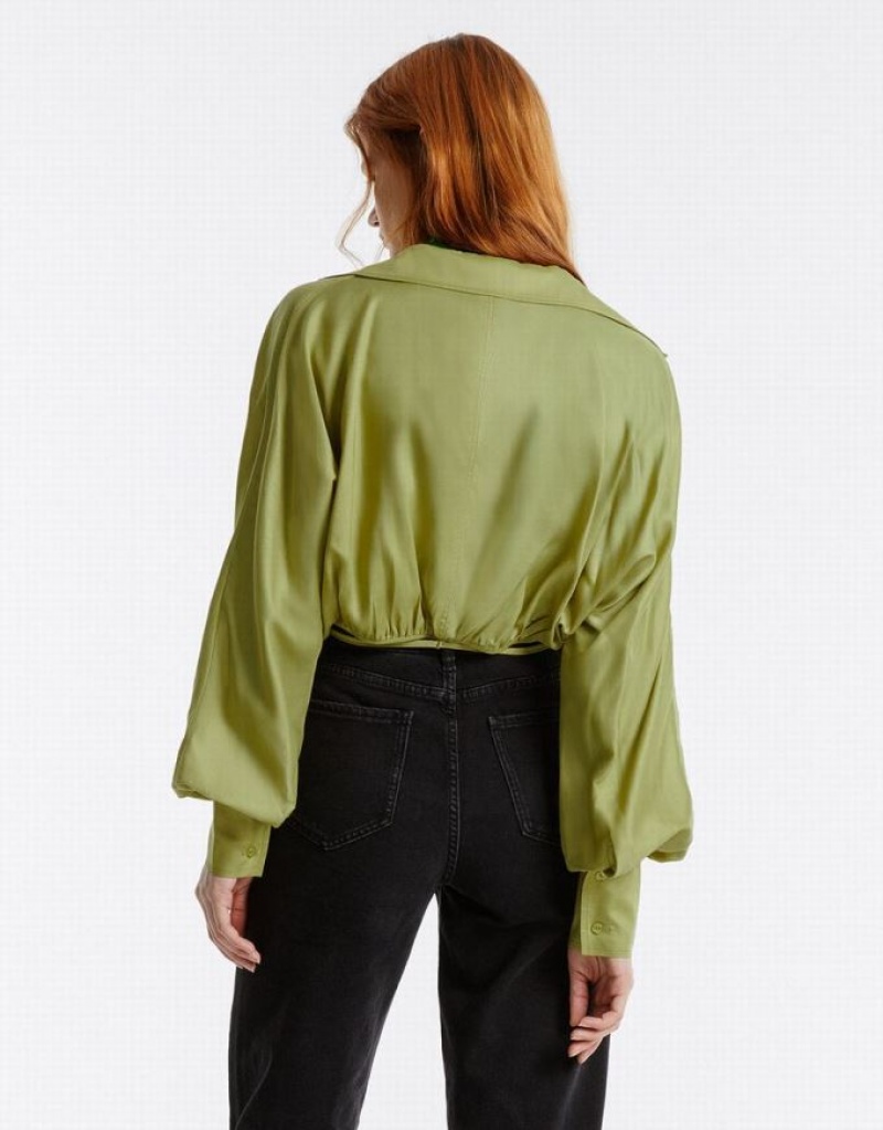 Green Urban Revivo Tie Front Wrap Women's Shirts | 01829MHDF