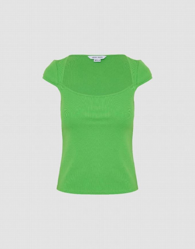 Green Urban Revivo U Neck Knitted Skinny Women's T-Shirts | 89456UEZC