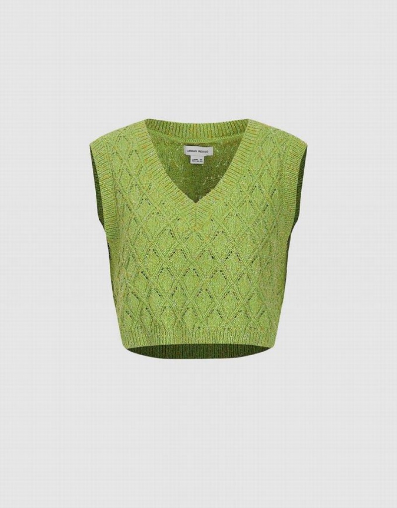 Green Urban Revivo V-Neck Knitted Women's Cardigan | 98623QEOK