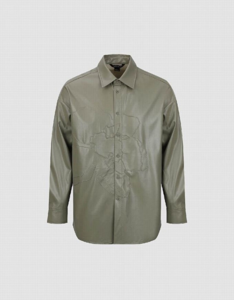 Green Urban Revivo Vegan Leather Loose Men's Shirts | 34671ZJKV