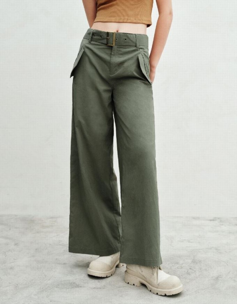 Green Urban Revivo Wide-Leg With Belt Women's Pants | 97513SBQN