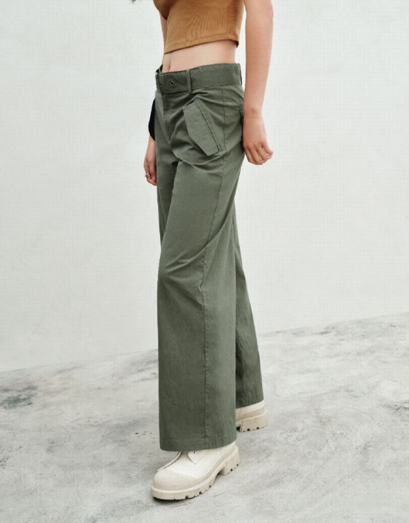 Green Urban Revivo Wide-Leg With Belt Women's Pants | 97513SBQN