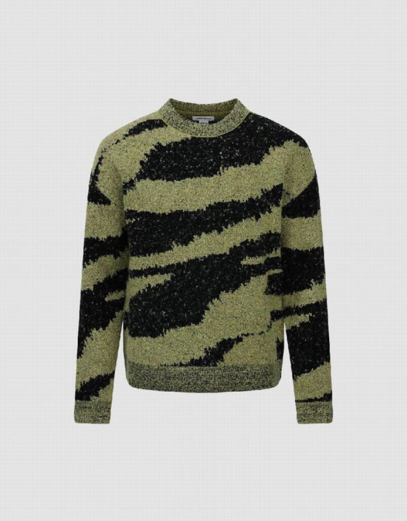 Green Urban Revivo Zebra Printed Crew Neck Knitted Men's Cardigan | 39675PAIN