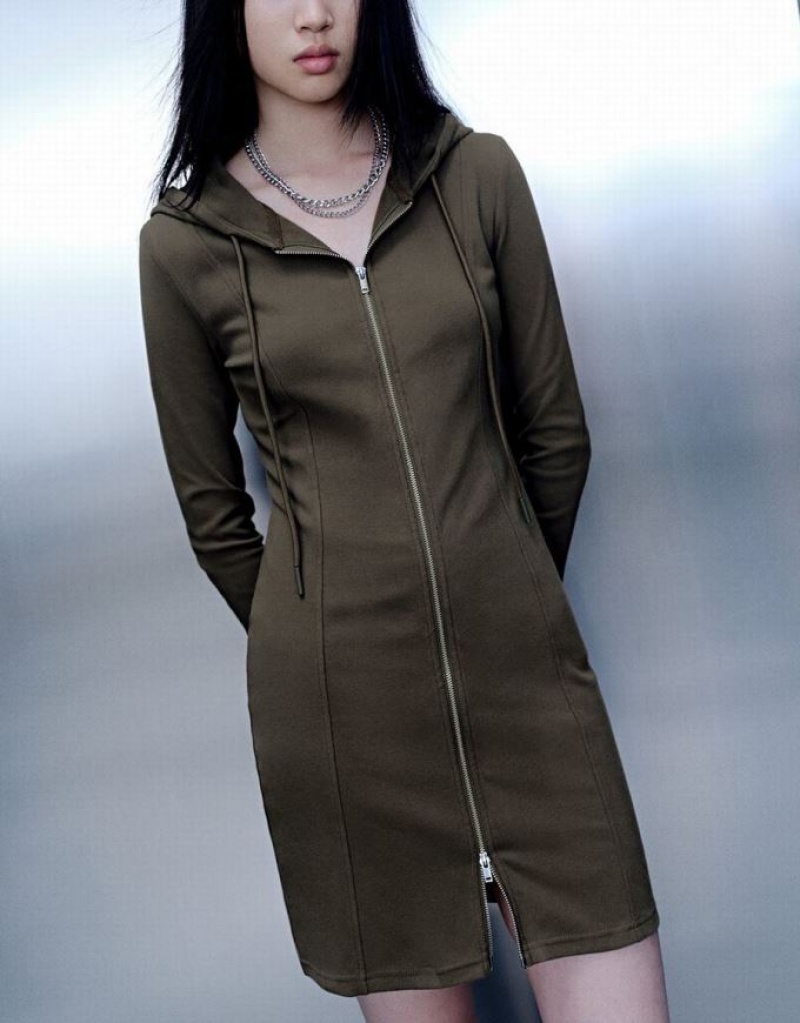 Green Urban Revivo Zipper Front Hooded A-Line Women's Dress | 78039ILAC