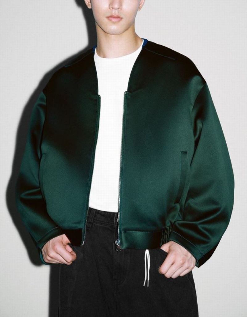 Green Urban Revivo Zipper Front Oversized Men's Jacket | 31986CMBA