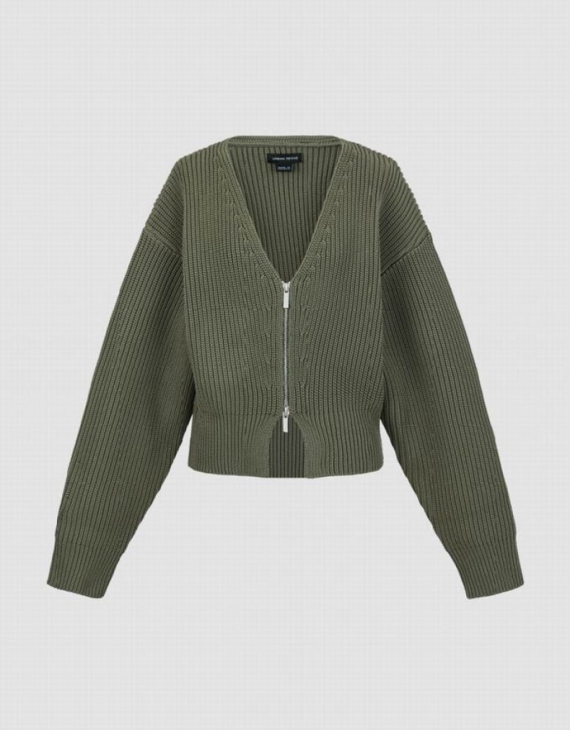 Green Urban Revivo Zipper Front V-Neck Knitted Women's Cardigan | 56749SEQX