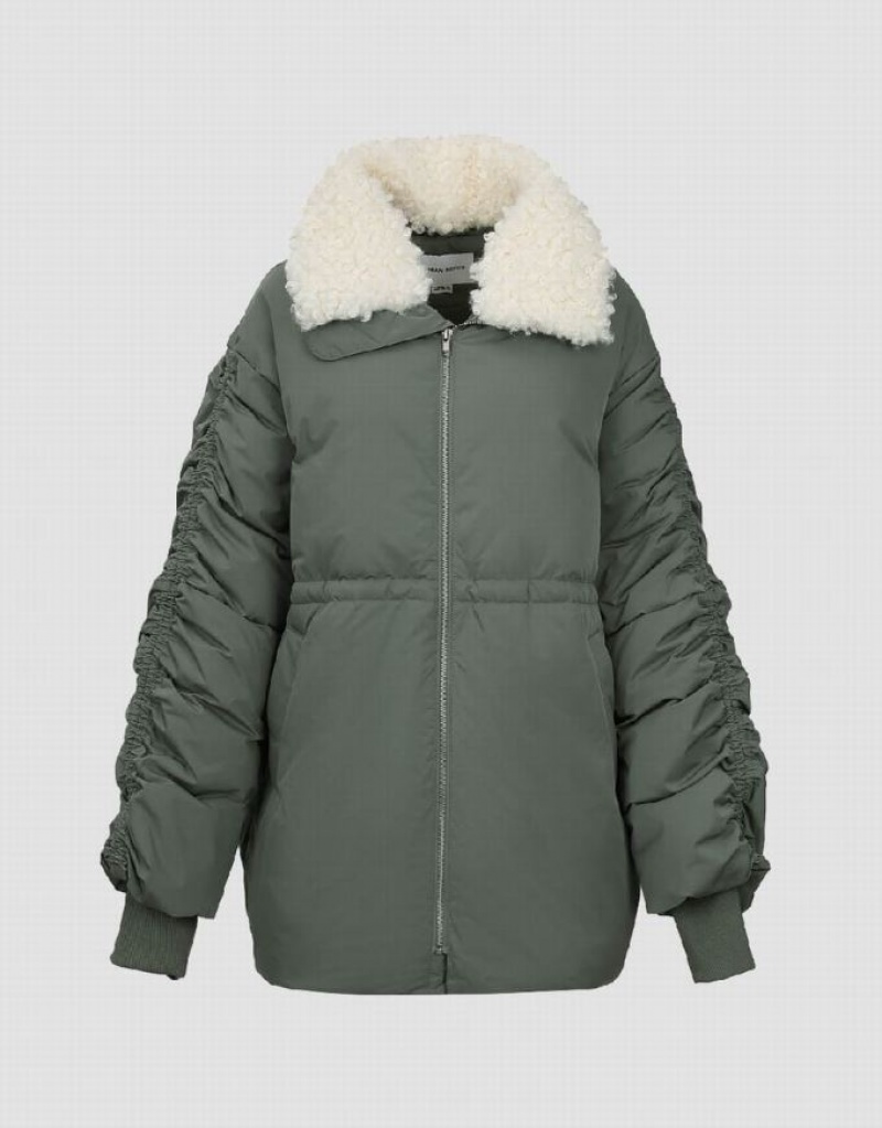 Green Urban Revivo Zipper Front With Furry Collar Women's Down Jackets | 89072UKFJ