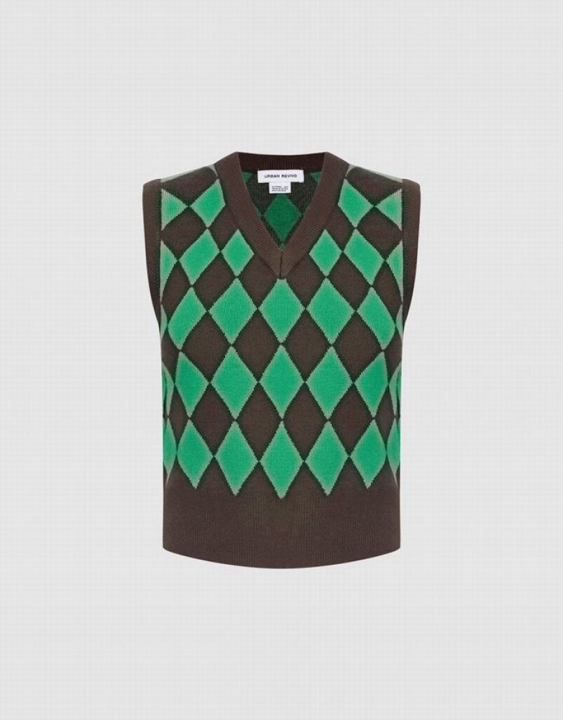 Green / Brown Urban Revivo Argyle Pattern Women\'s Sweater Vest | 71958EGUV