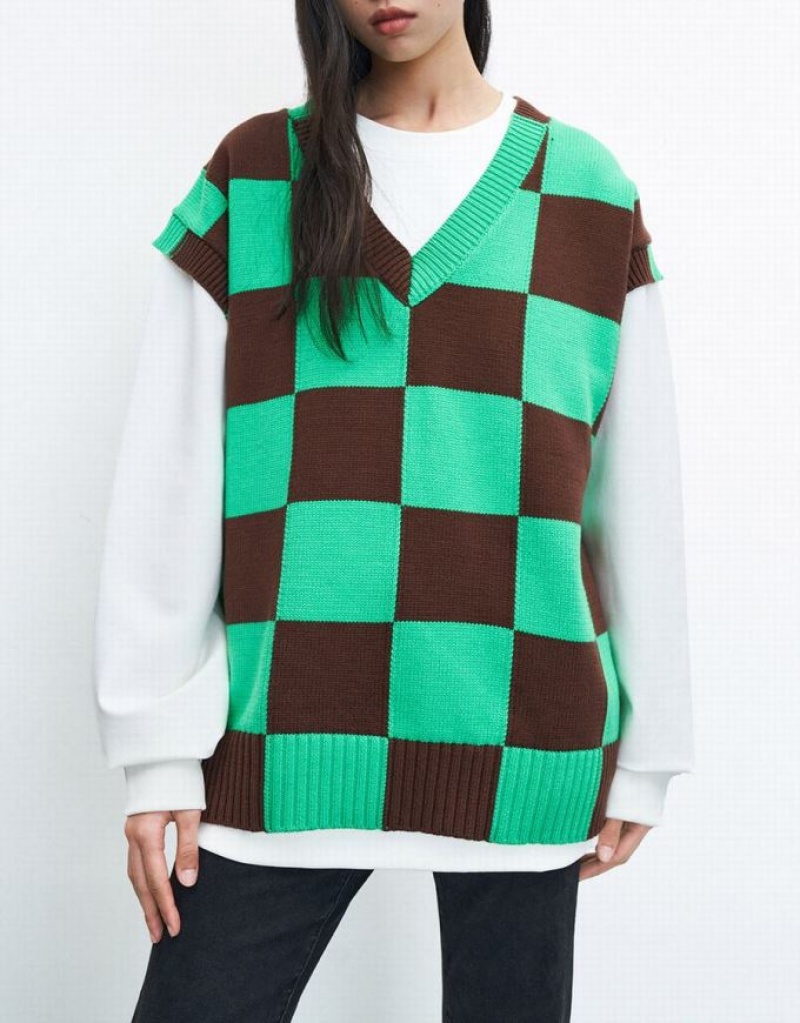 Green / Brown Urban Revivo Checkered Women's Sweater Vest | 06135DMVT