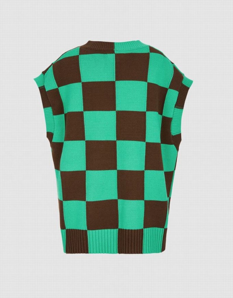 Green / Brown Urban Revivo Checkered Women's Sweater Vest | 06135DMVT