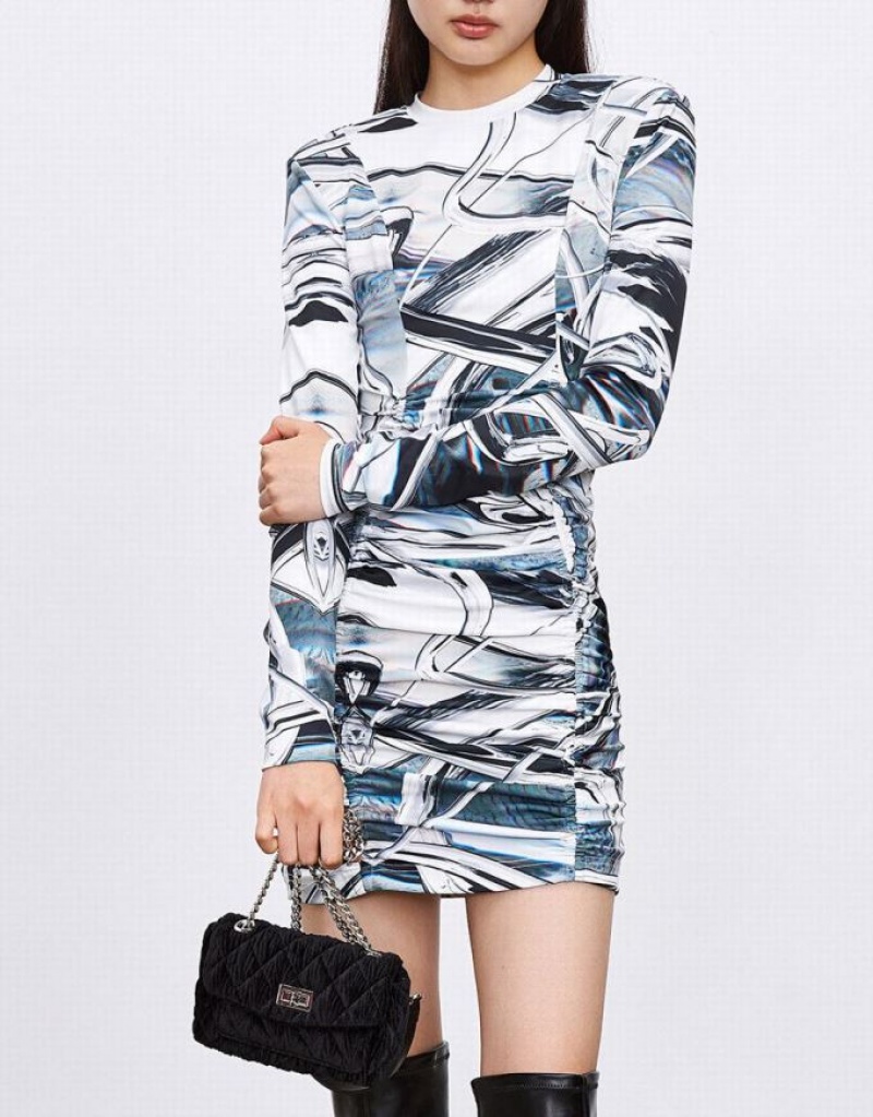 Grey Urban Revivo Abstract Print Ruched Front Bodycon Women's Casual Dress | 06589BSOI