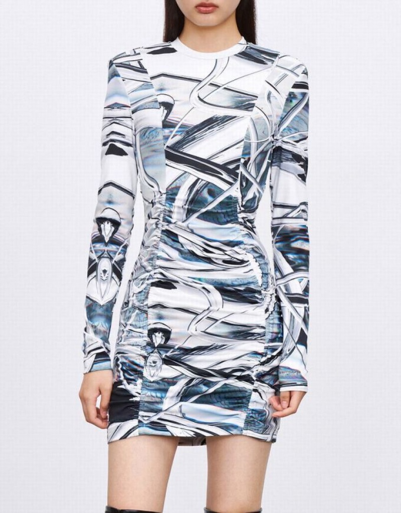 Grey Urban Revivo Abstract Print Ruched Front Bodycon Women's Casual Dress | 06589BSOI