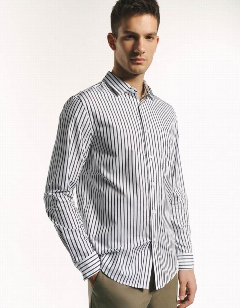 Grey Urban Revivo Button Up Striped Men's Shirts | 49068SGAL