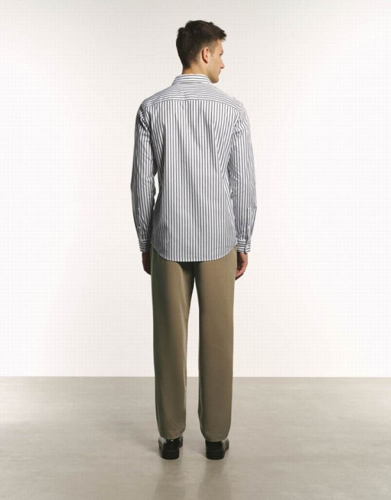 Grey Urban Revivo Button Up Striped Men's Shirts | 49068SGAL