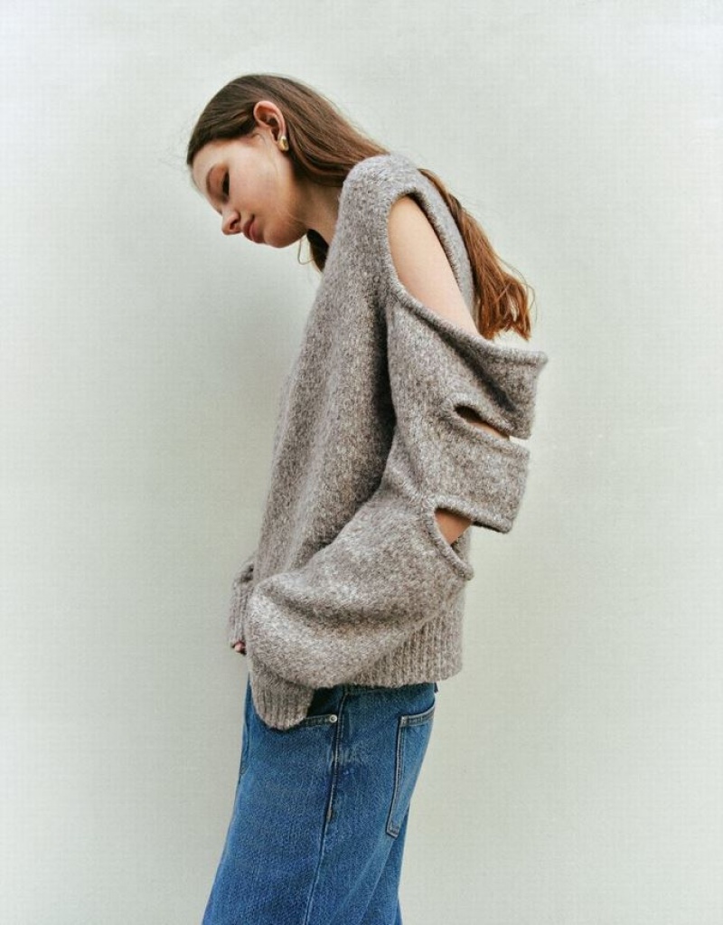 Grey Urban Revivo Cold Shoulder Crew Neck Knitted Women's Cardigan | 79468IEAV