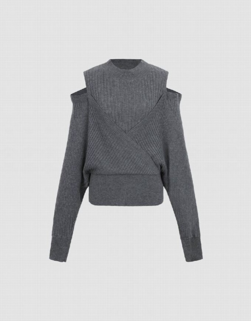 Grey Urban Revivo Cold Shoulder Crew Neck Knitted Women's Cardigan | 08269TECU