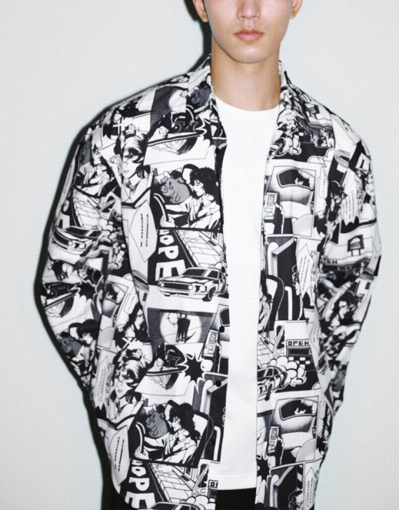 Grey Urban Revivo Comic Printed Loose Men's Shirts | 28506HTDV