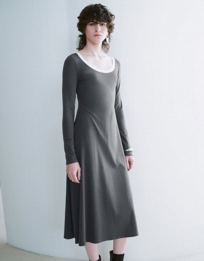 Grey Urban Revivo Crew Neck A-Line Women's Dress | 29178JYOF