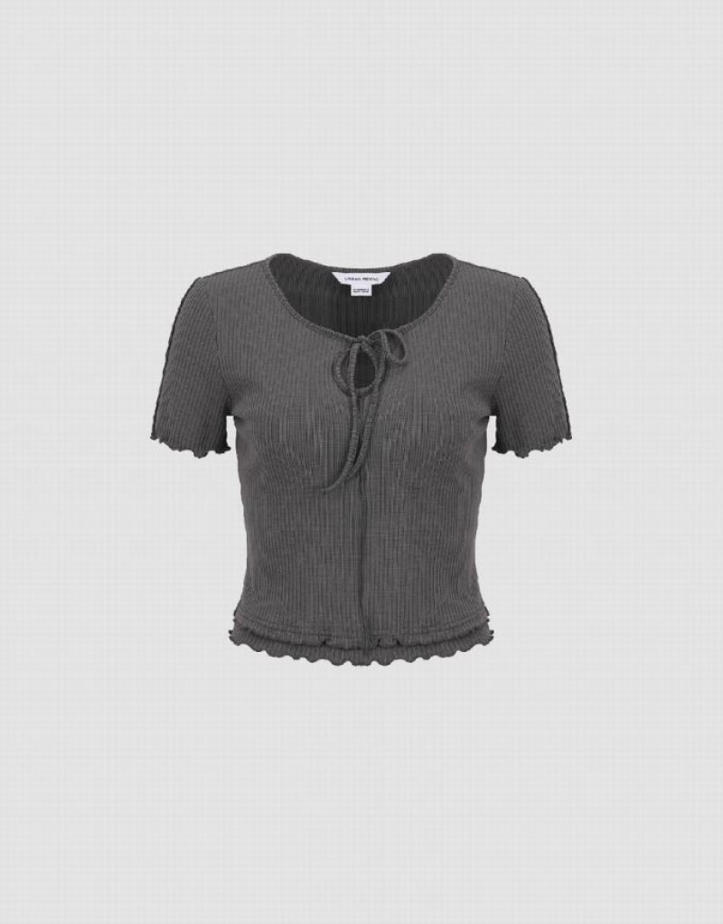 Grey Urban Revivo Frill Trim Tie Front Knitted Women\'s T-Shirts | 46015YJFK