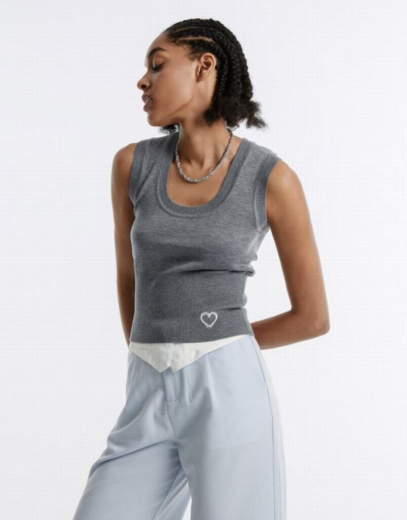 Grey Urban Revivo Heart Embroidery Women's Tank Top | 85231GCLK