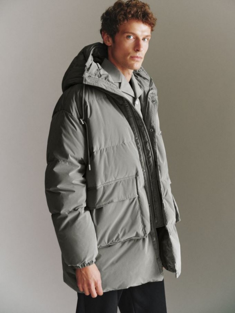 Grey Urban Revivo Hooded A-Line Men's Down Jackets | 89104WIHC