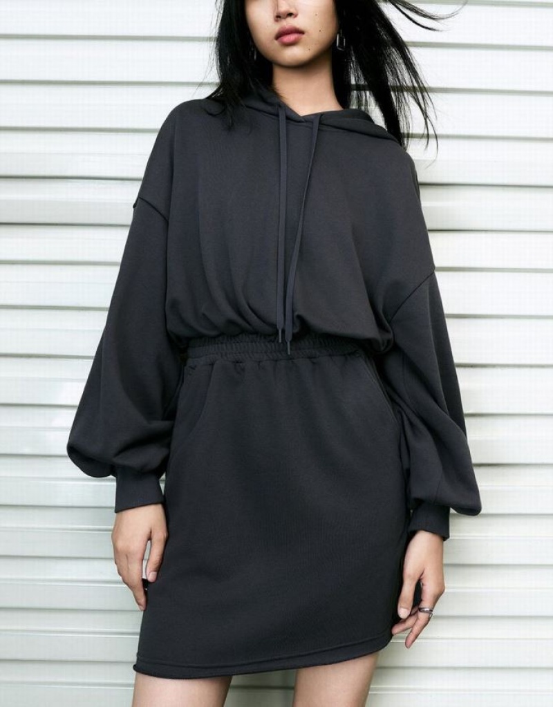 Grey Urban Revivo Hooded Straight Women's Dress | 09485IBKN