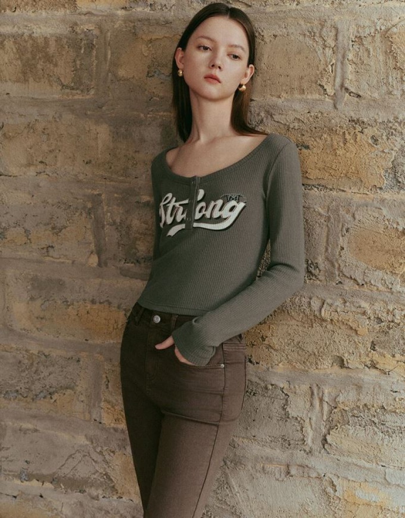 Grey Urban Revivo Letter Printed Crew Neck Skinny Women's T-Shirts | 13956IVEL