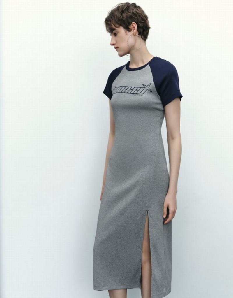 Grey Urban Revivo Letter Printed Crew Neck Straight Women's Dress | 84372ATRL