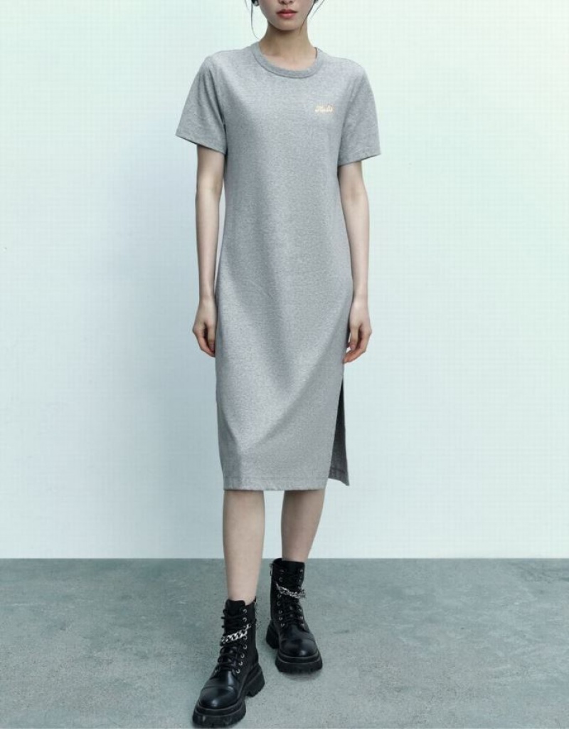 Grey Urban Revivo Letter Printed Crew Neck Straight Women's Dress | 14539WSIT