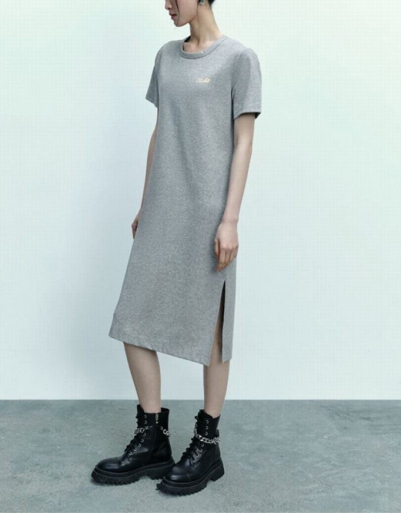 Grey Urban Revivo Letter Printed Crew Neck Straight Women's Dress | 14539WSIT