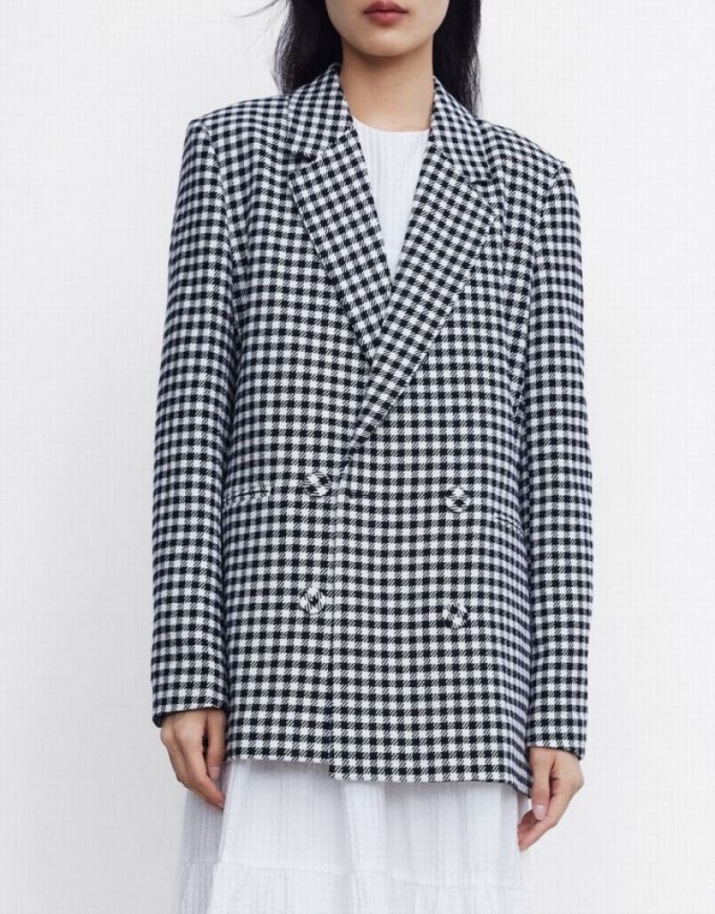 Grey Urban Revivo Plaid Double Breasted Women's Blazers | 49376QXML