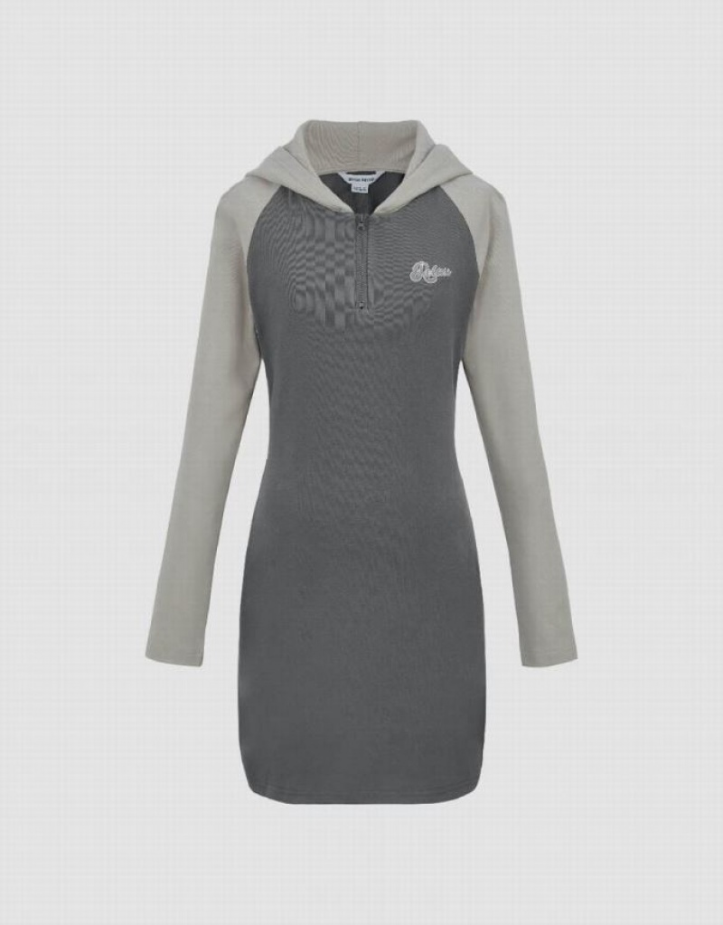 Grey Urban Revivo Raglan Sleeve Hooded Skinny Women's Dress | 52481VAUT