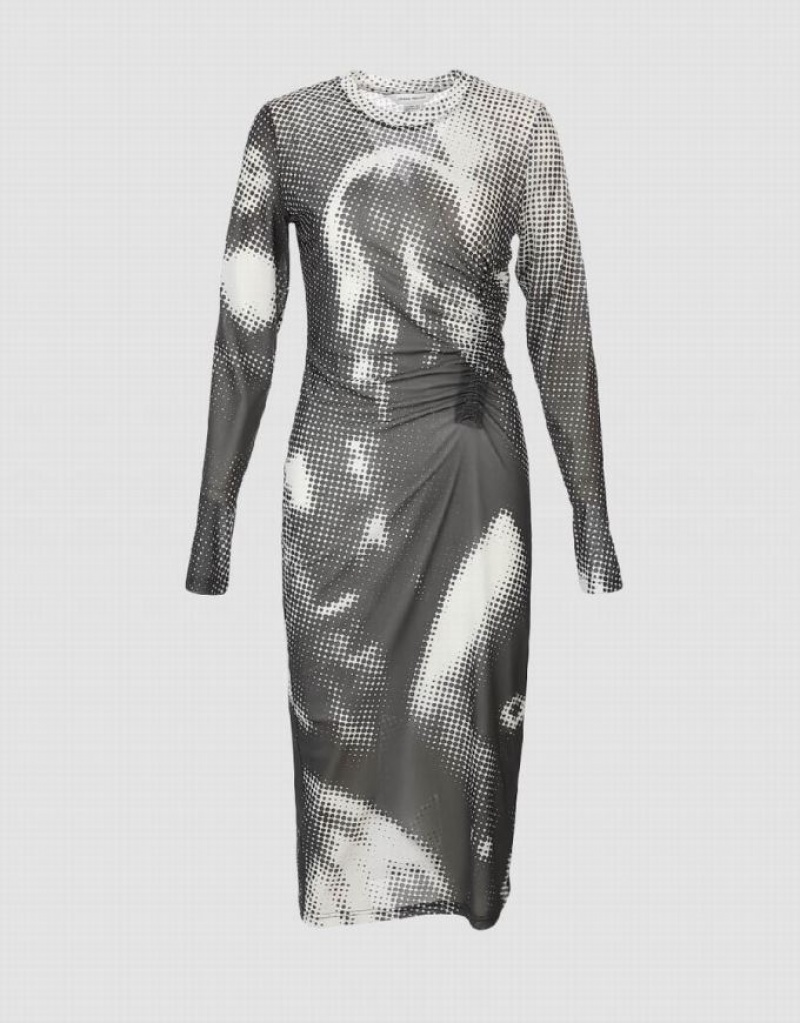 Grey Urban Revivo Ruched Printed Midi Women's Midi Dress | 85249JRBL