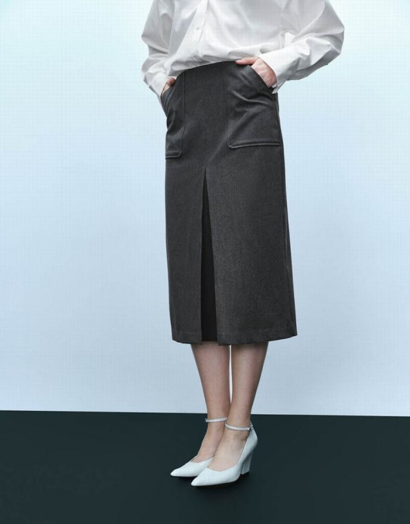 Grey Urban Revivo Split Hem Midi Straight Women's Skirts | 45681KXJE