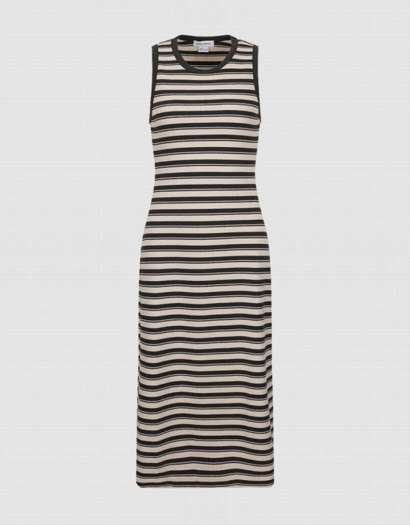 Grey Urban Revivo Striped Sleeveless Crew Neck Straight Women's Dress | 63140YRUS