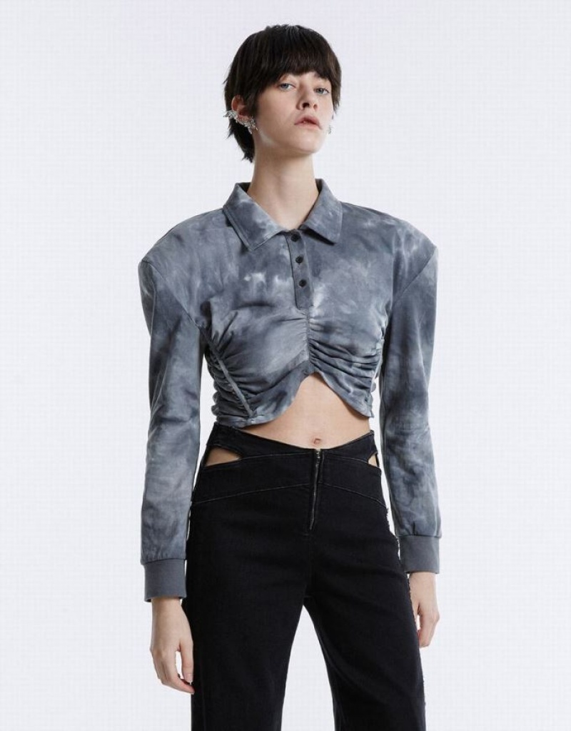 Grey Urban Revivo Tie-Dye Ruched Crop Women's Blouse | 15926CVAJ