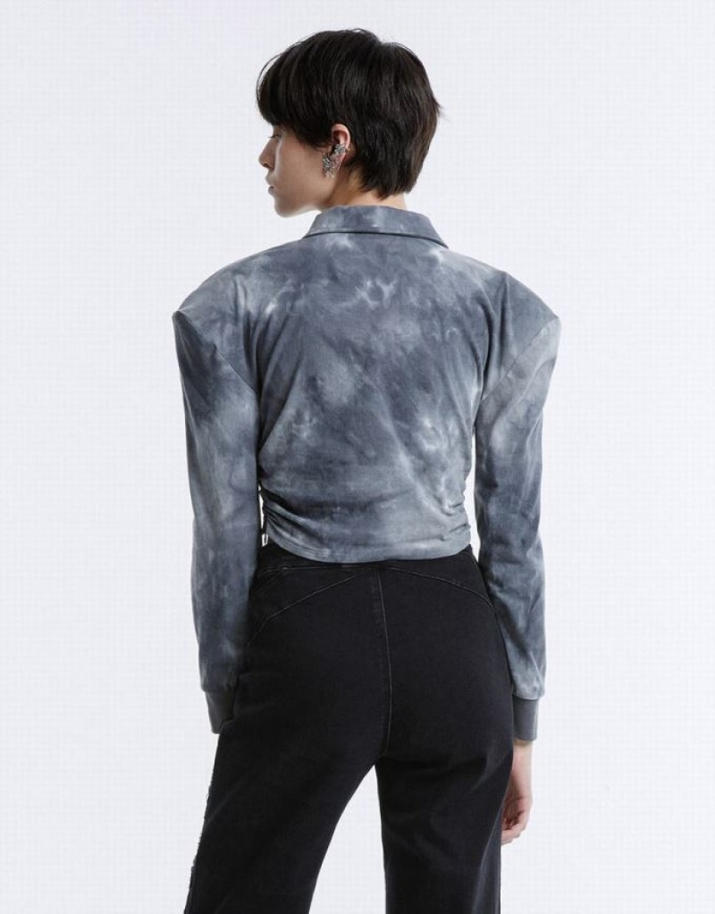 Grey Urban Revivo Tie-Dye Ruched Crop Women's Blouse | 15926CVAJ