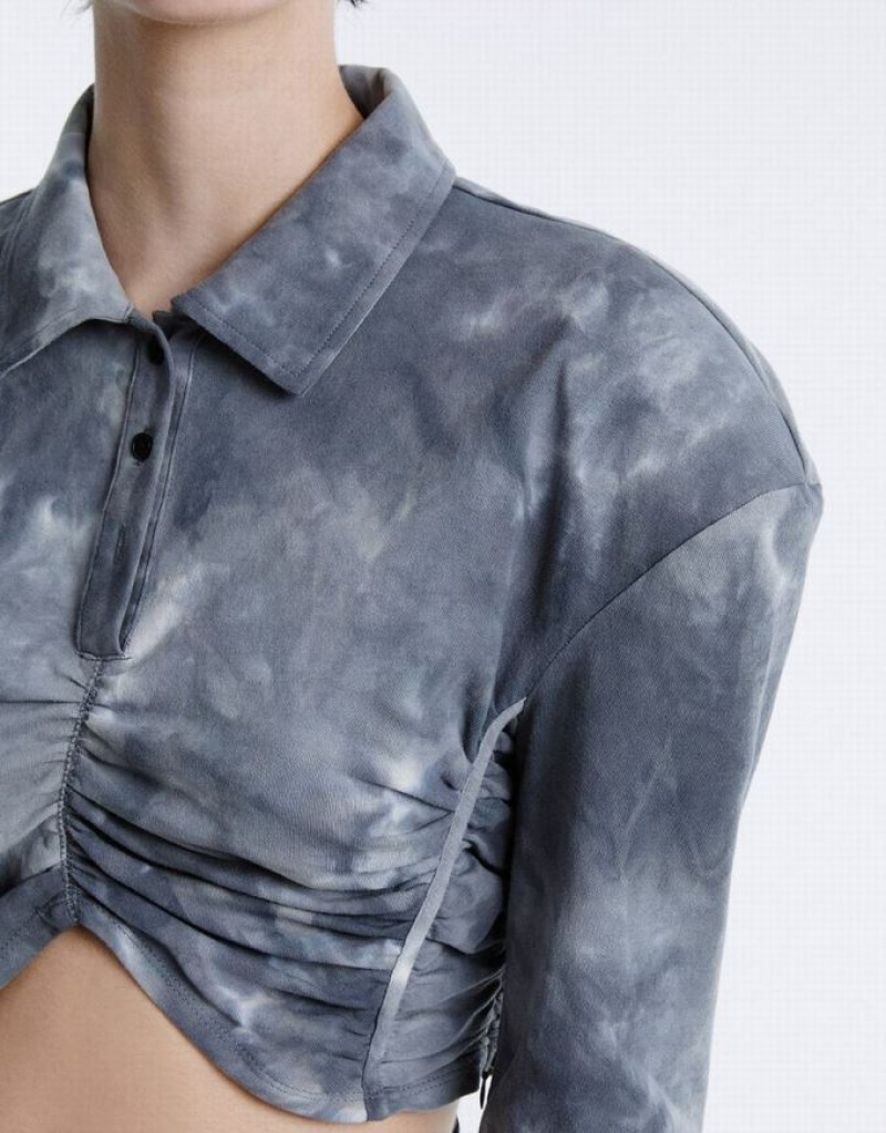 Grey Urban Revivo Tie-Dye Ruched Crop Women's Blouse | 15926CVAJ