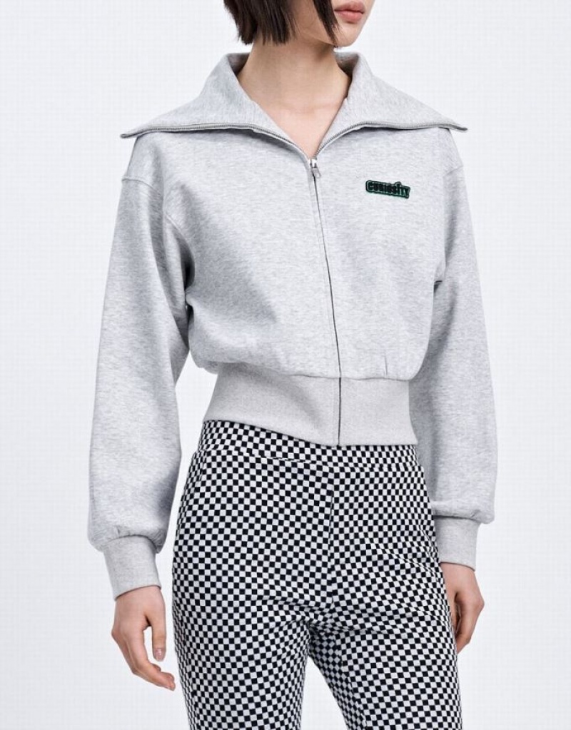 Grey Urban Revivo Zip Up Letter Detail Women's Jacket | 16049ZIWP