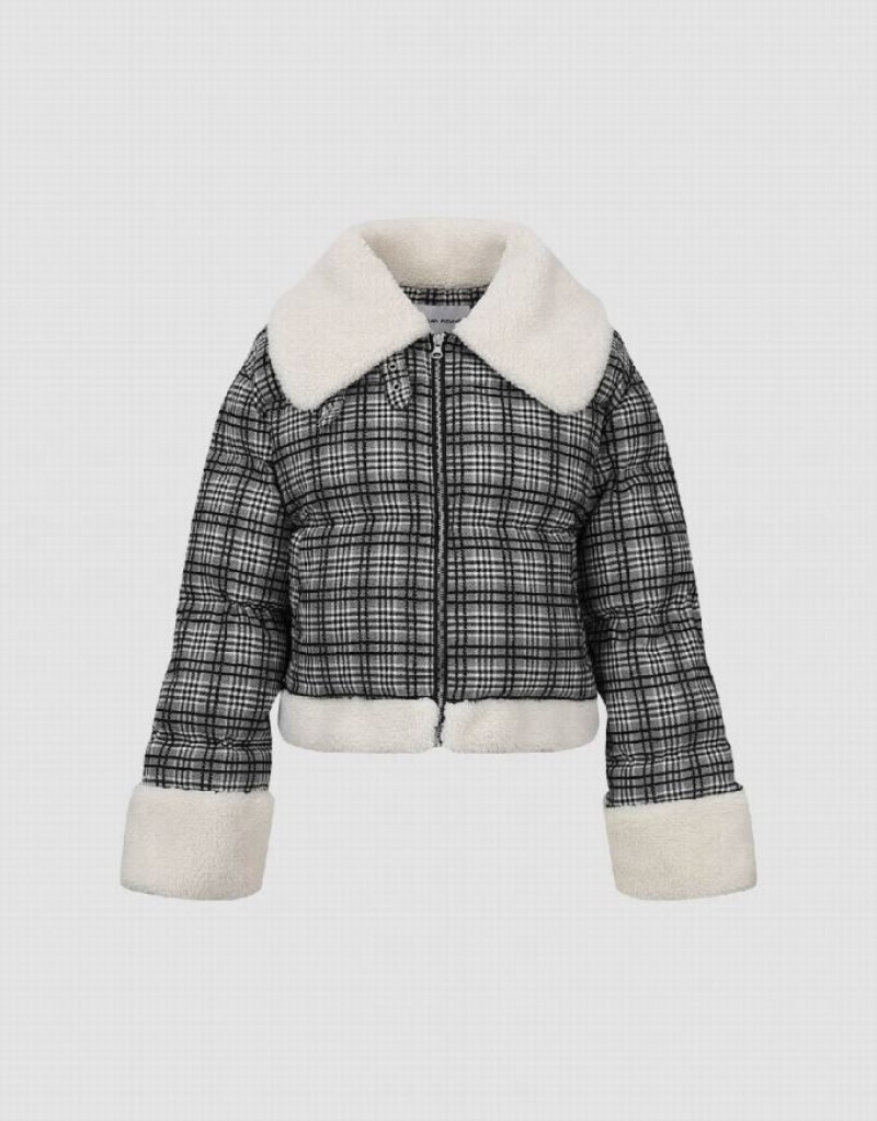 Grey Urban Revivo Zipper Front Plaid Furry Padded Women's Coats | 71820DXKI