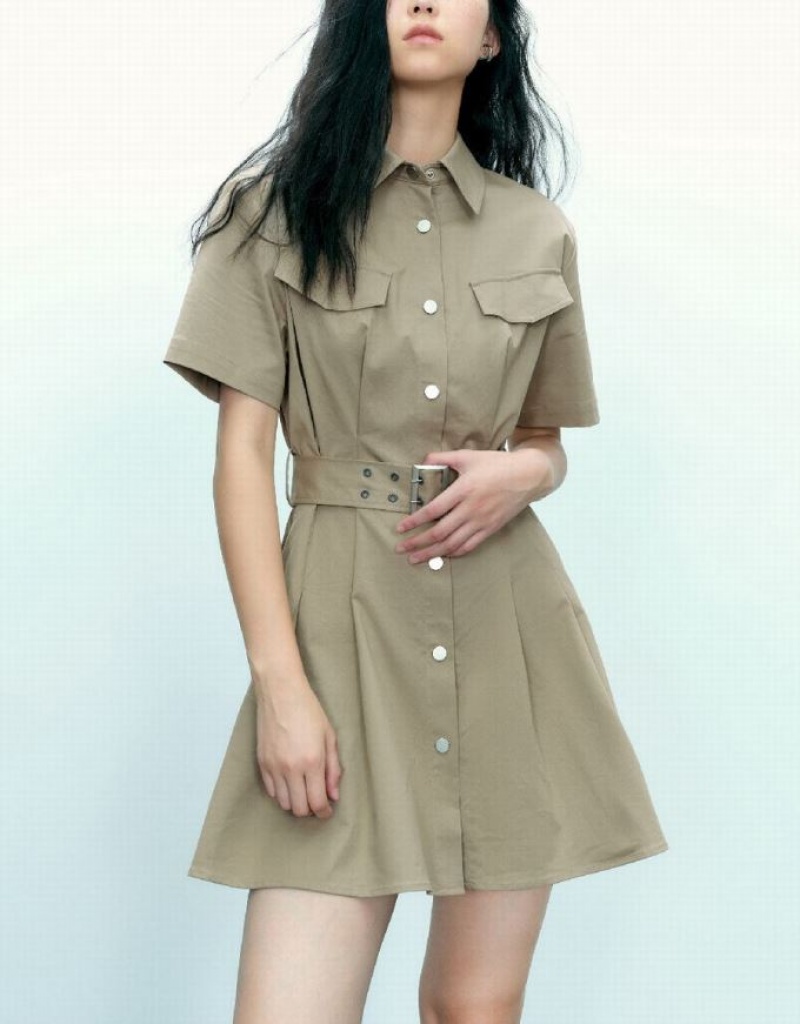 Khaki Urban Revivo A-Line With Belt Women's Shirt Dress | 73254NIGE