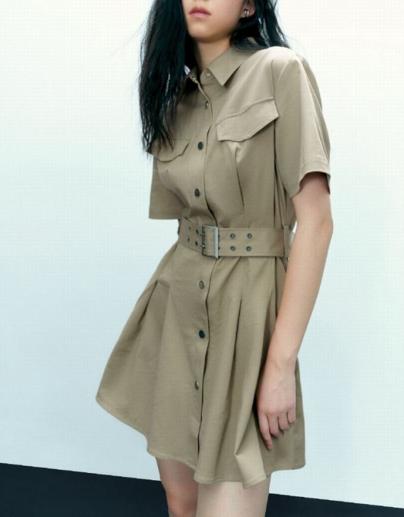 Khaki Urban Revivo A-Line With Belt Women's Shirt Dress | 73254NIGE