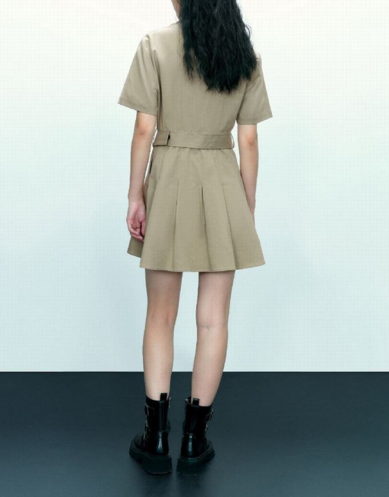 Khaki Urban Revivo A-Line With Belt Women's Shirt Dress | 73254NIGE