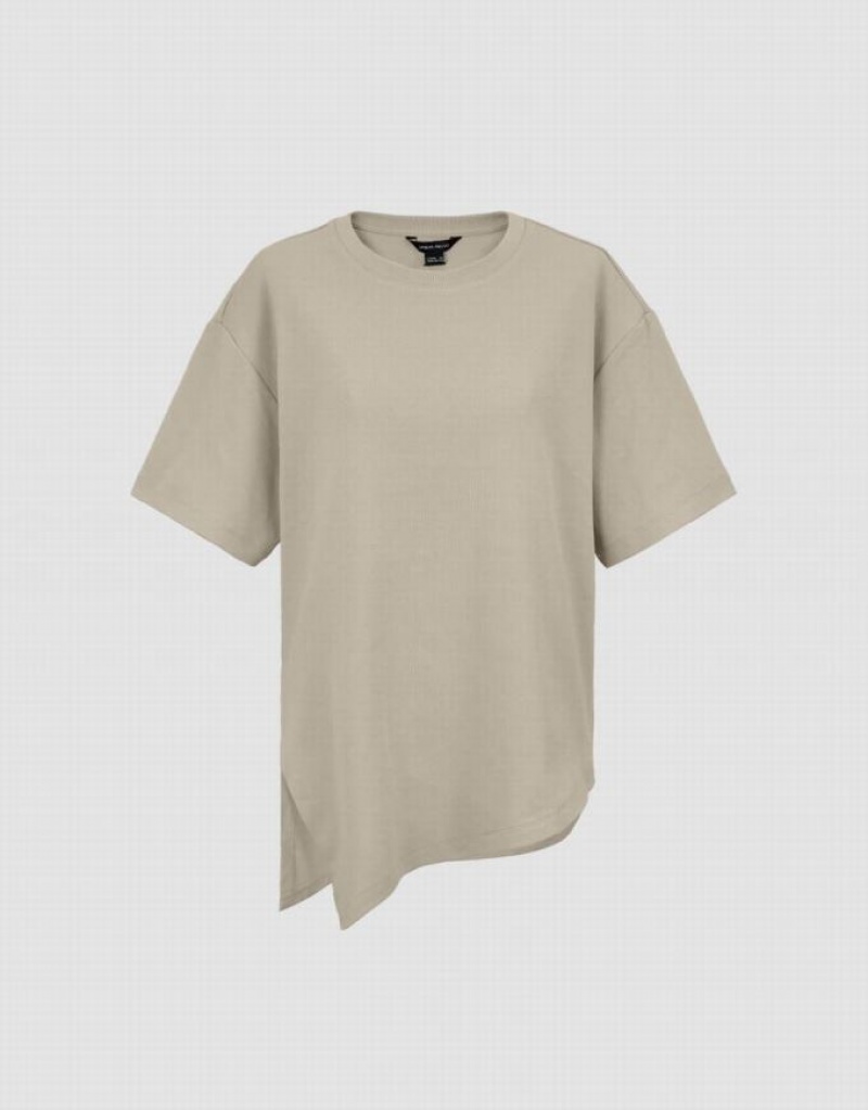 Khaki Urban Revivo Asymmetric Hem Crew Neck Knitted Women's T-Shirts | 09538WYBR