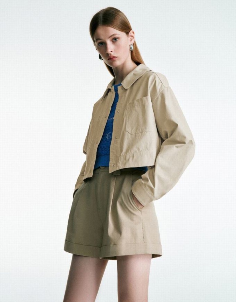 Khaki Urban Revivo Button Up A-Line Women's Coats | 96014HWXO